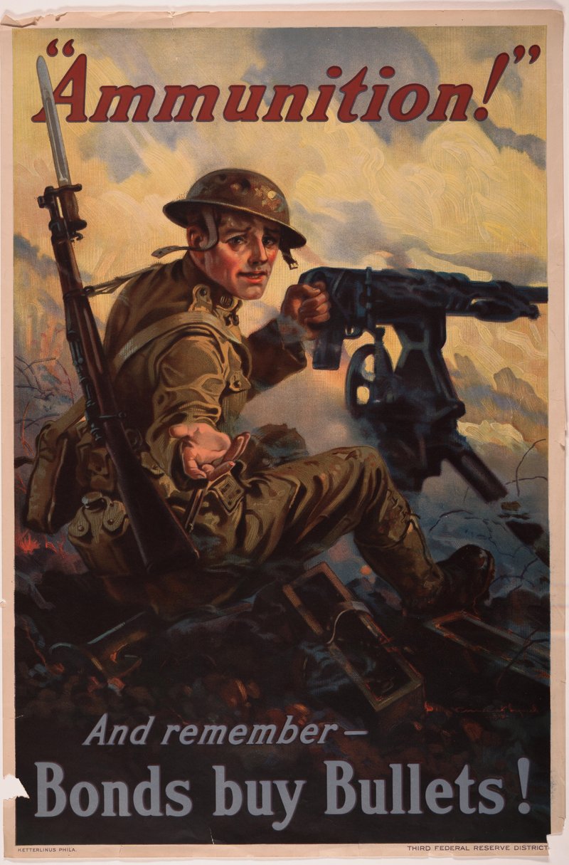 Poster showing a soldier with a machine gun in the heat of battle, reaching out for ammunition.