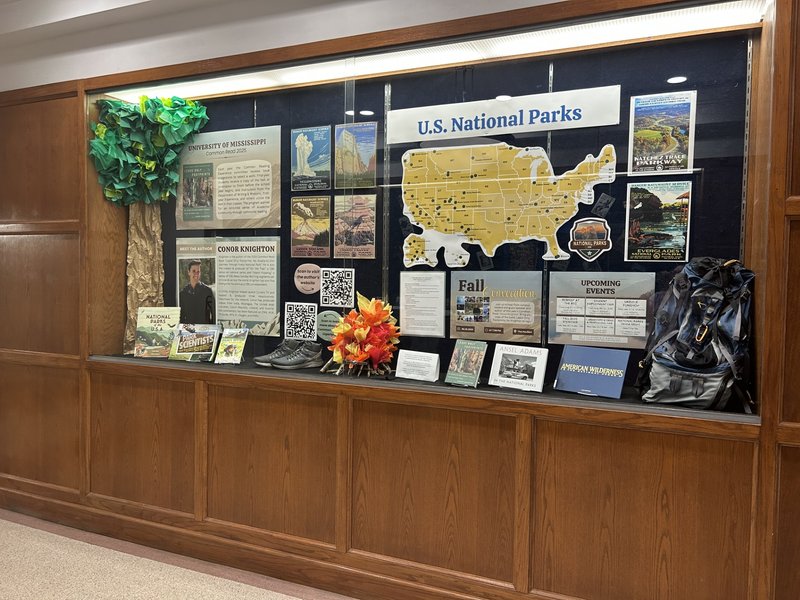 Exhibit case, 2nd floor for Leave No Footprints, August 2025