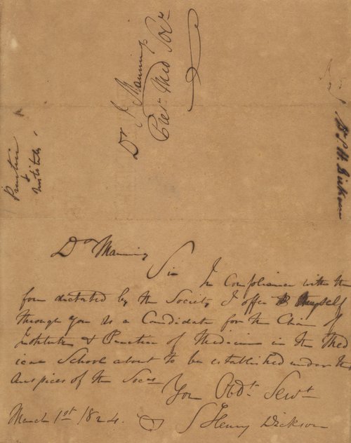Henry Dickson&#x27;s handwritten application to attend the Medical College.