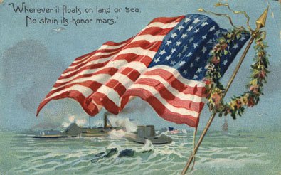illustration of an American flag and naval vessels with the text "wherever it floats on land or sea, no stain its honor mars"