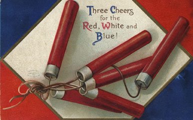 A cluster of firecrackers with the text, "Three Cheers for the Red, White and Blue"