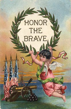 A cherub holds a laurel wreath under the words Honor the Brave