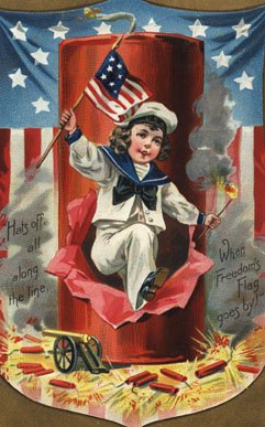 A child dressed as a Navy seaman jumps out of a firecracker holding a flag