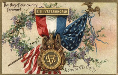 illustration of a veteran&#x27;s medal, an American flag, and a floral vine with the text "Sons of Veterans"