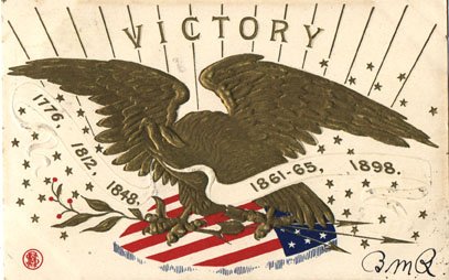 Victory. A golden eagle sits on an American shield with a ribbon featuring dates of American victories.