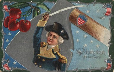 illustration of George Washington cutting a cherry tree with a sword