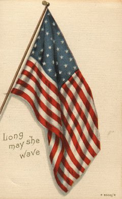 illustration of an American flag with the text "Long may she wave"