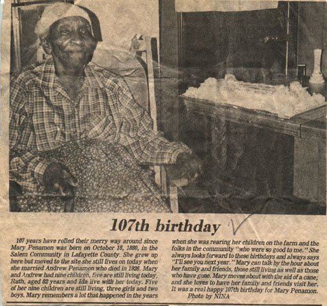 Photo of 107-year-old Mary Penamon from unidentified newspaper on unidentified date