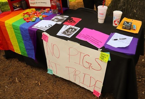 A poster at an information table: "No pigs at pride"