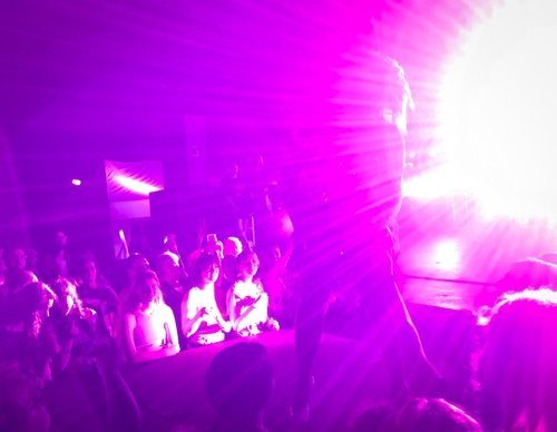 A crowd watches a performer on stage lit by a spotlight