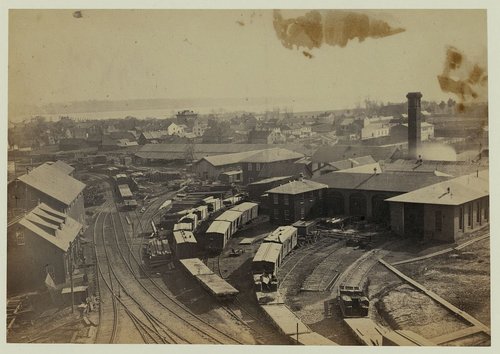 Bird’s eye view of machine shops, with east yard of Orange & Alexandria Railroad