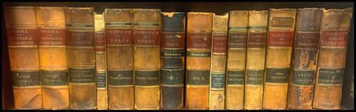 A shelf of rare books from the Harris Collection.