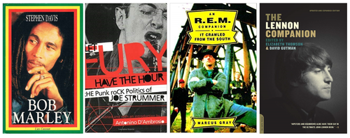 Covers of books about musicians: Bob Marley, Joe Strummer, R.E.M., John Lennon