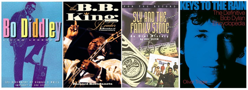 Covers of books about musicians: Bo Diddley, B.B. King, Sly and the Family Stone, Bob Dylan