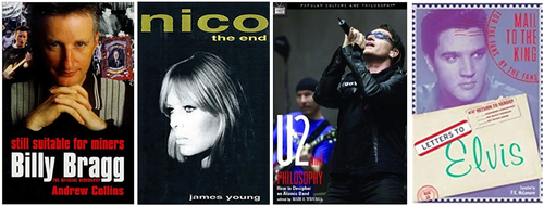 Covers of books about musicians: Billy Bragg, Nico, U2, Elvis Presley
