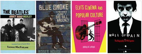 Covers of books about musicians: The Beatles, Big Bill Broonzy, Elvis Presley, Phil Spector