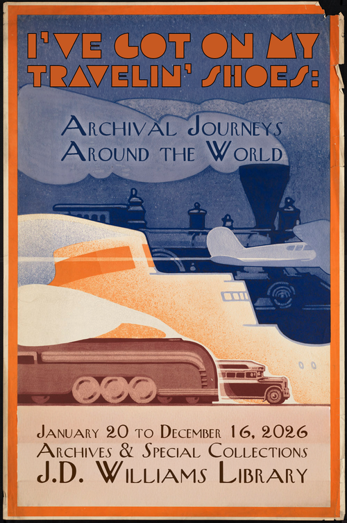 exhibit poster includes modes of transportation: car, bus, ship, plane, train