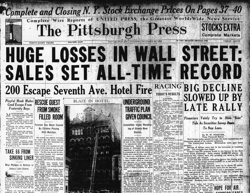 The Pittsburgh Press newspaper cover on October 29,1929