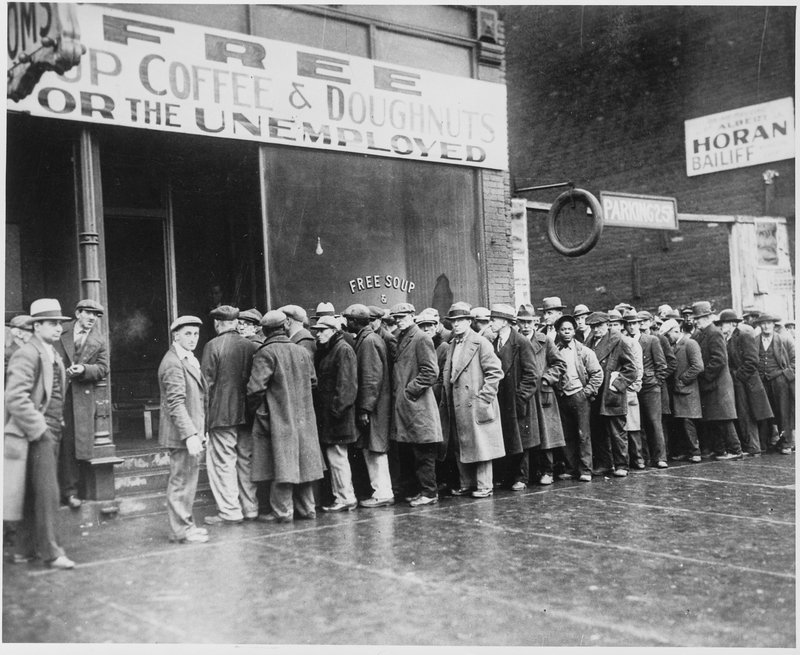 nemployed men queued outside a depression soup kitchen in Chicago 1931