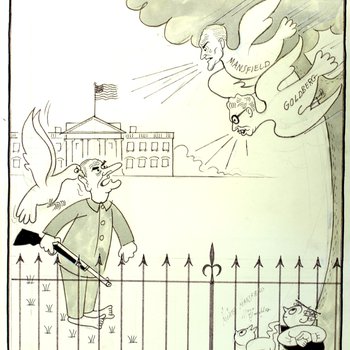 Cartoon of President Johnson on White House lawn