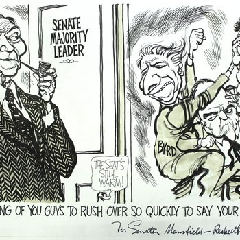 Cartoon depicting Senator and Majority Leader Mike Mansfield's retirement
