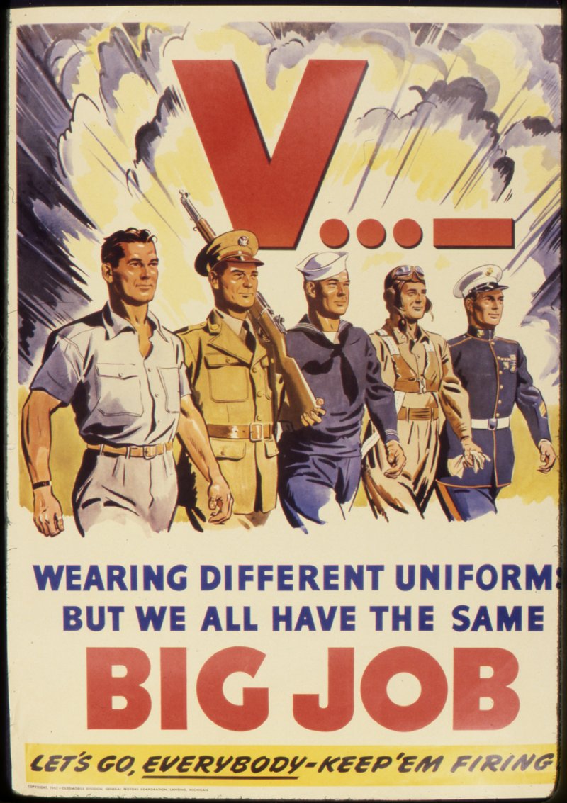 The V-sign (and its morse code equivalent) incorporated on an American propaganda poster