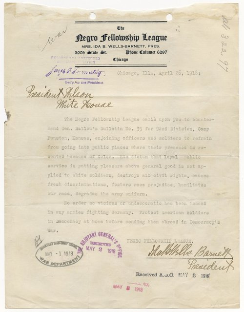 Letter to President Woodrow Wilson protesting the treatment of black troops, 1918