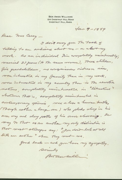 Letter from Ben Ames Williams to Mrs. Cervy. 9 January 1949