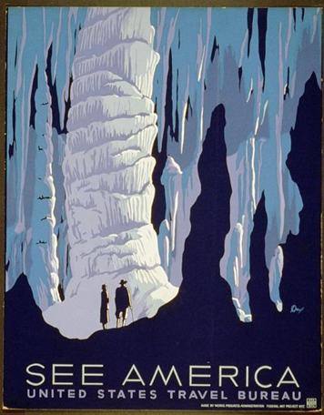 WPA Poster for the United States Travel Bureau promoting tourism, showing two people in caverns. Text: See America. United States Travel Bureau.
